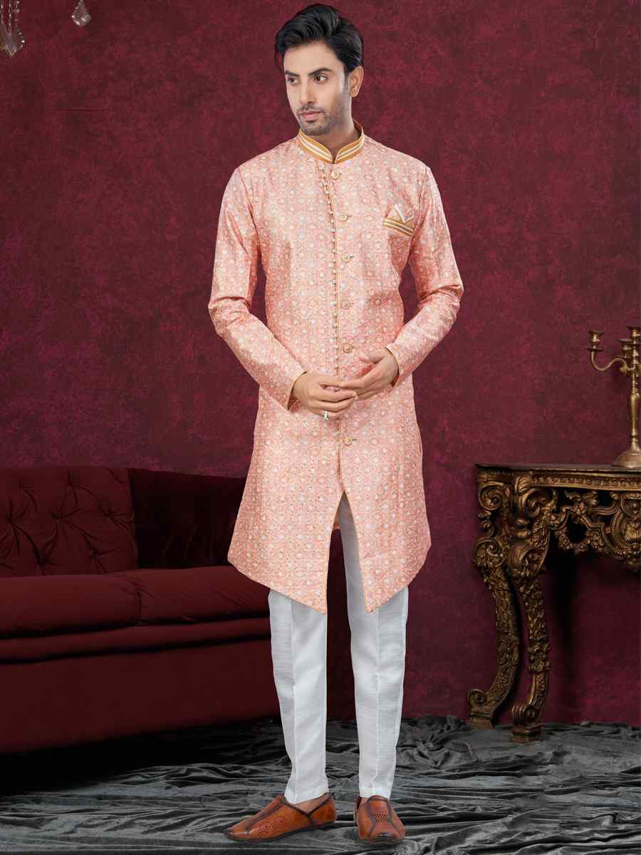 Peach Silk Dupion Embroidered Festival Wedding Sherwani