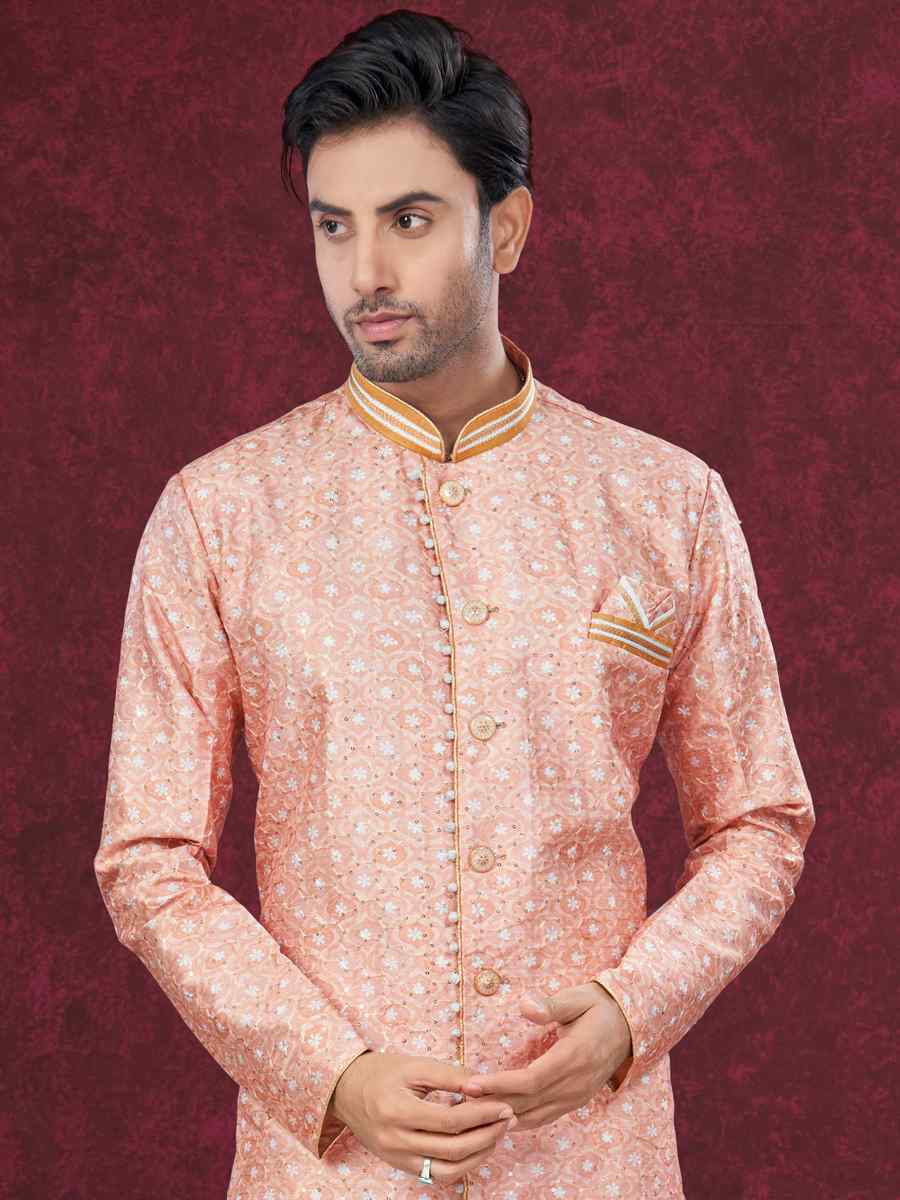 Peach Silk Dupion Embroidered Festival Wedding Sherwani