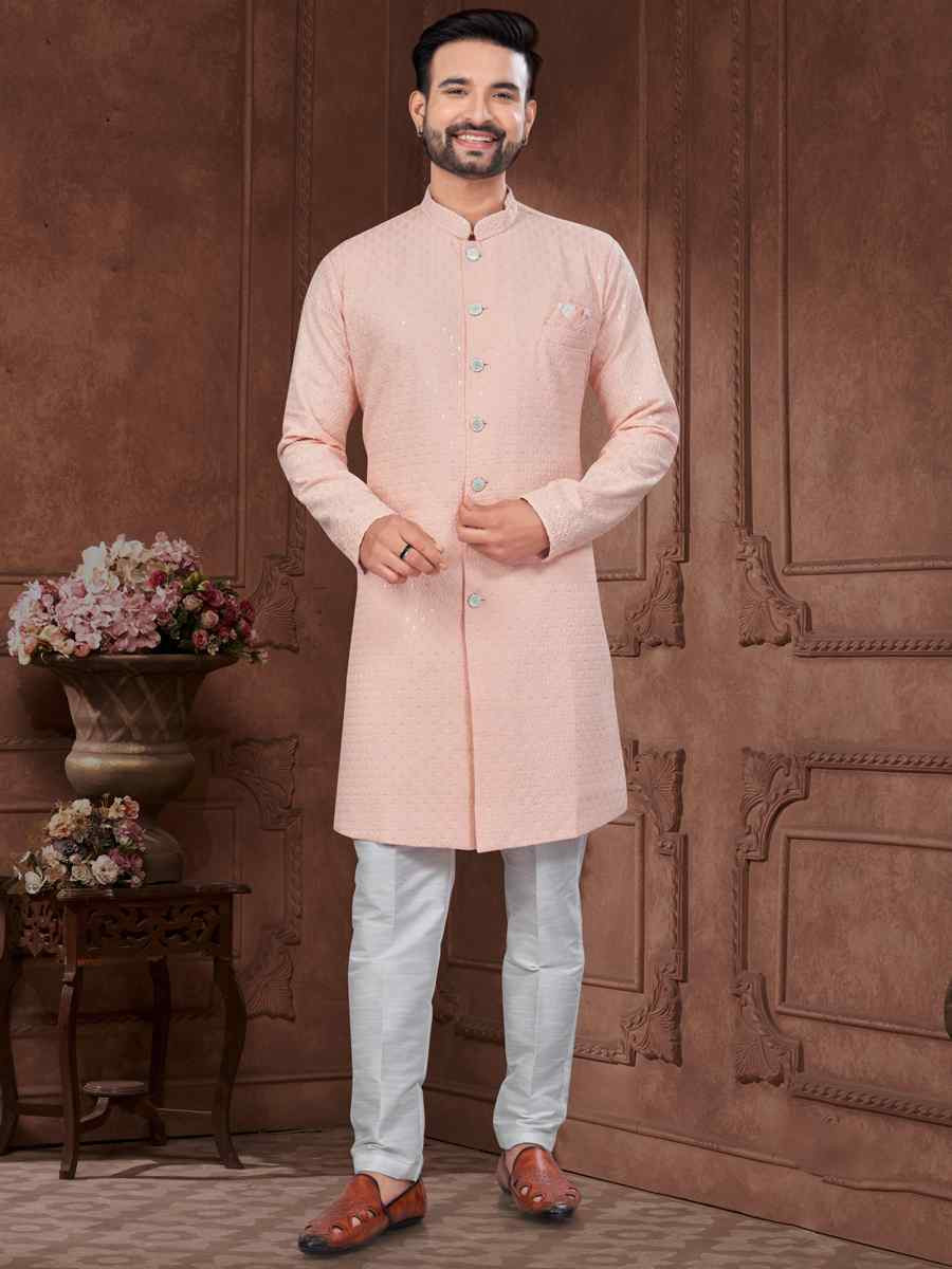 Peach Silk Dupion Embroidered Festival Wedding Sherwani