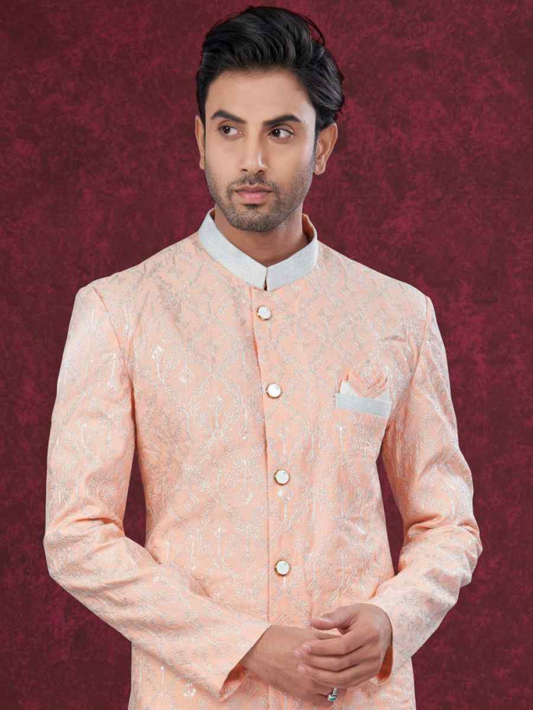 Peach Silk Dupion Embroidered Festival Wedding Sherwani