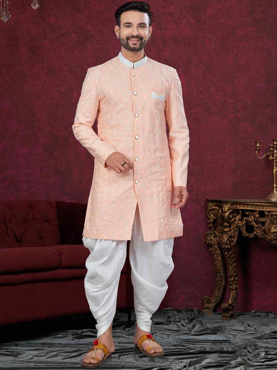 Peach Silk Dupion Embroidered Festival Wedding Sherwani