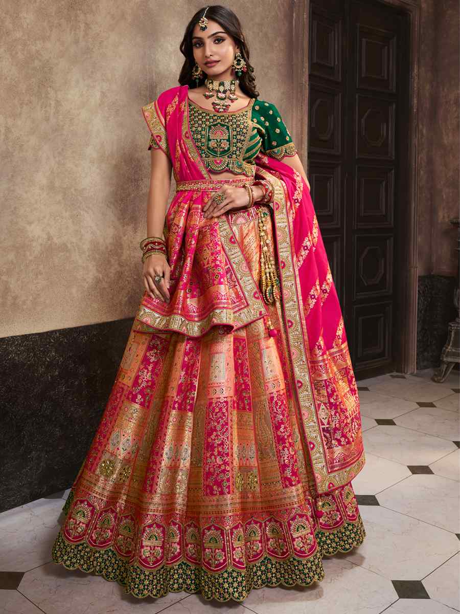 Peach Silk Embroidered Bridal Wedding Heavy Border Lehenga Choli