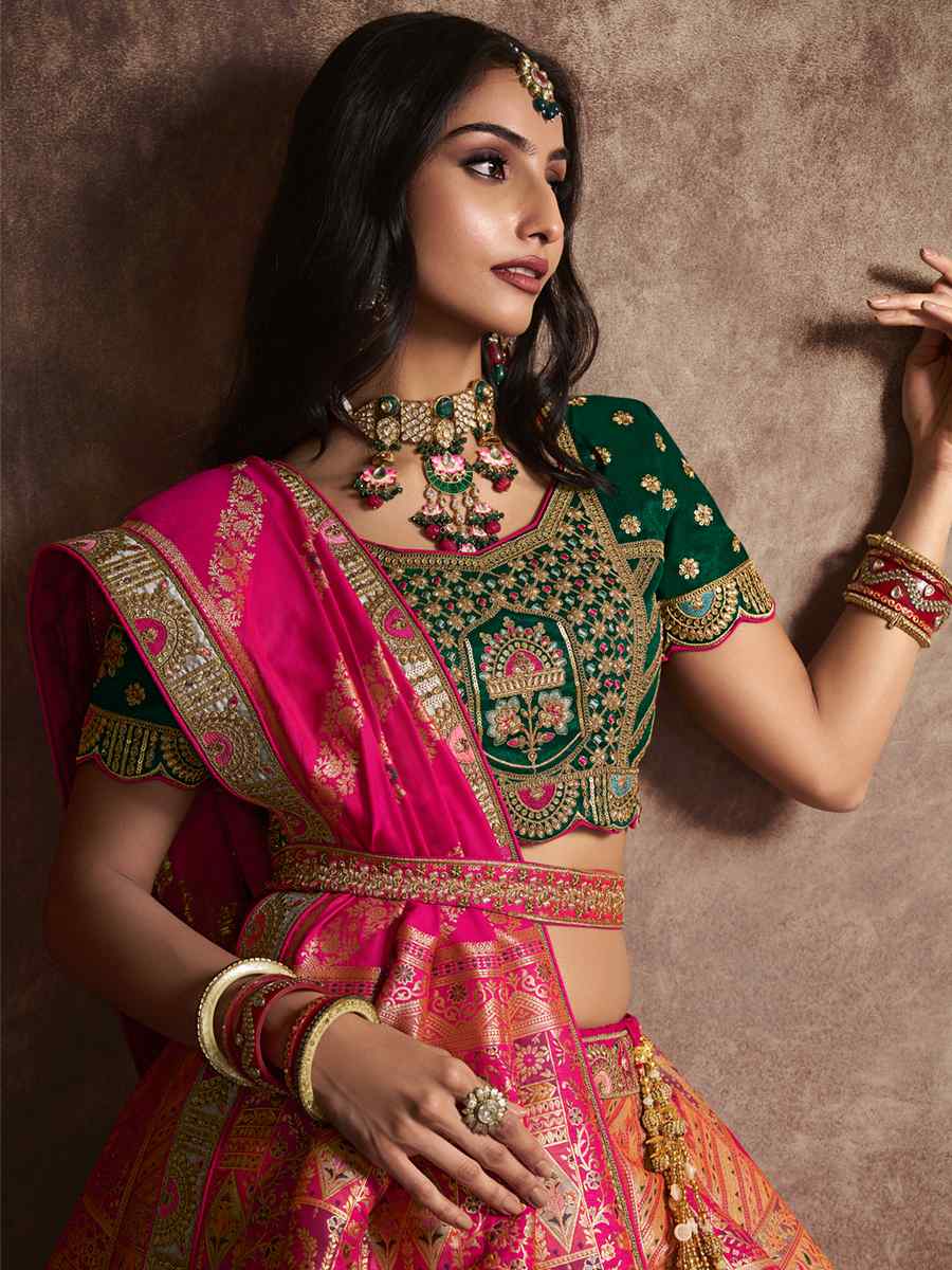 Peach Silk Embroidered Bridal Wedding Heavy Border Lehenga Choli