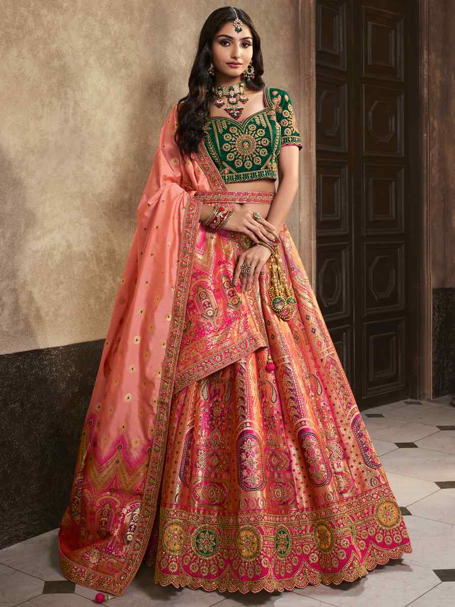 Peach Silk Embroidered Bridal Wedding Heavy Border Lehenga Choli