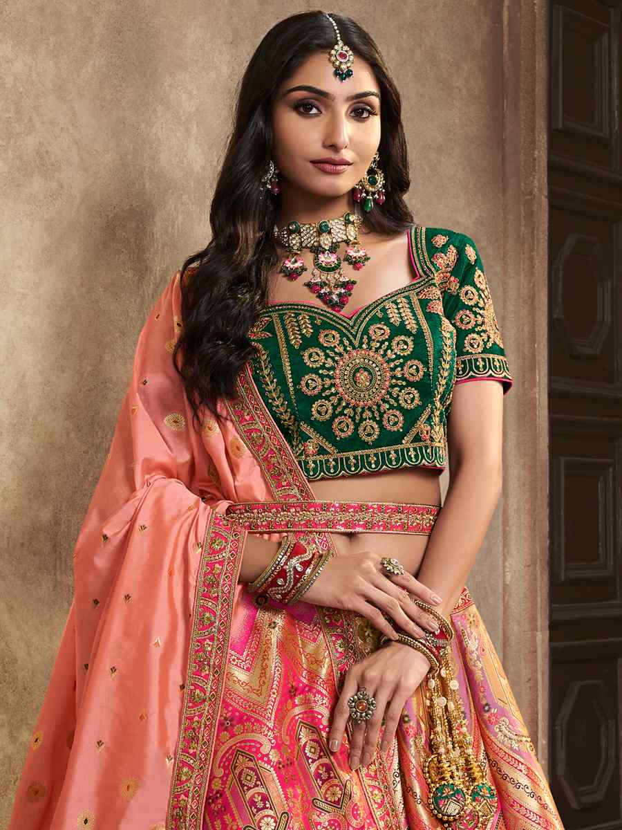 Peach Silk Embroidered Bridal Wedding Heavy Border Lehenga Choli