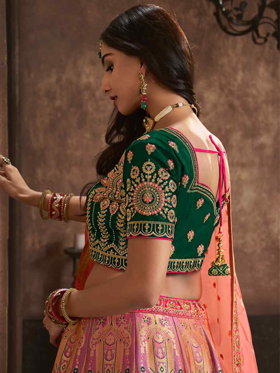 Peach Silk Embroidered Bridal Wedding Heavy Border Lehenga Choli