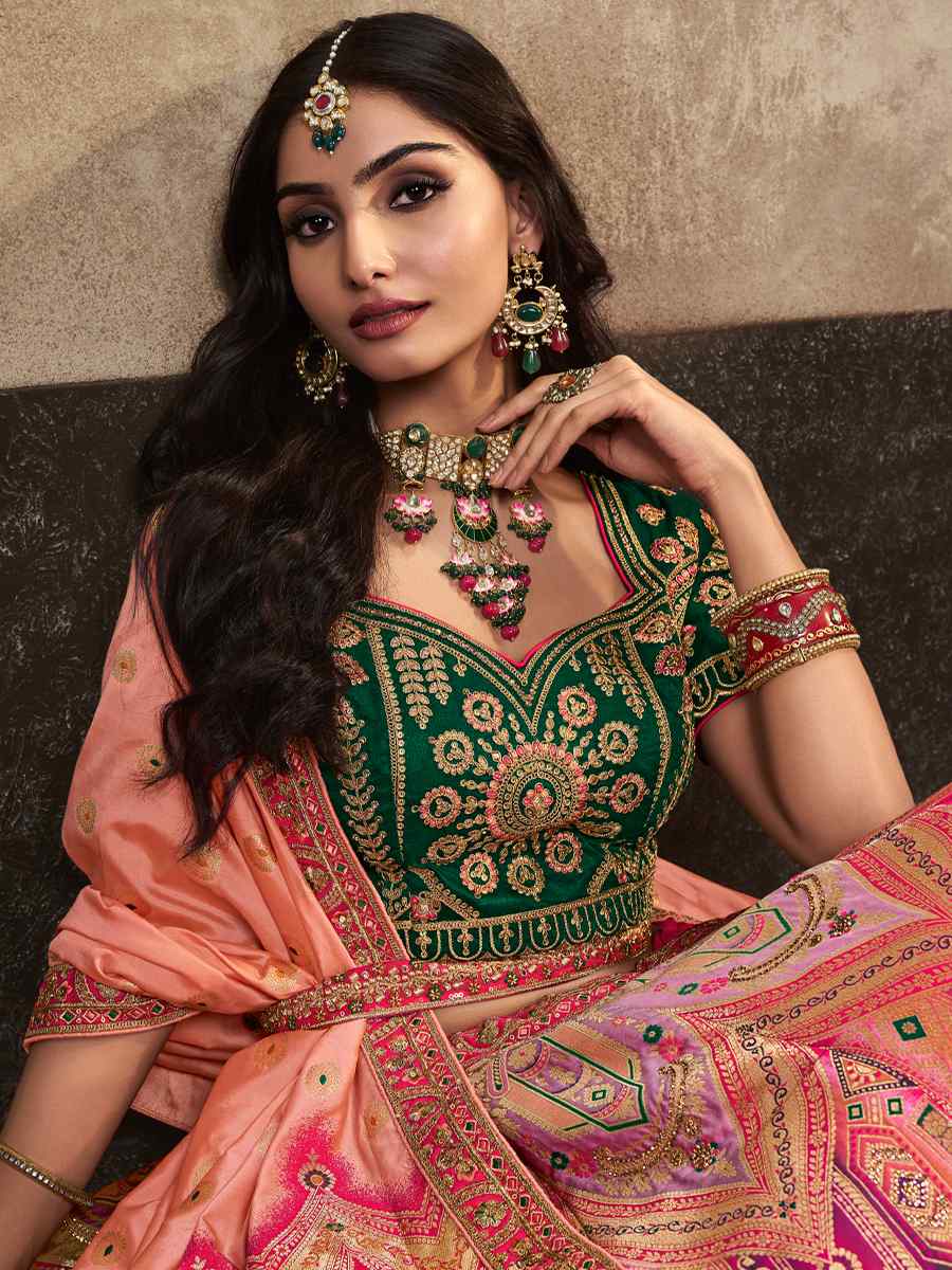 Peach Silk Embroidered Bridal Wedding Heavy Border Lehenga Choli