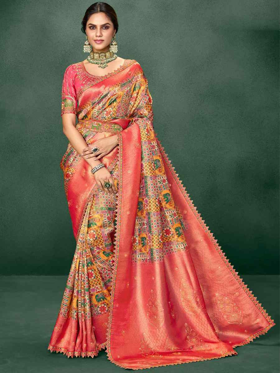 Peach Silk Embroidered Reception Party Heavy Border Saree