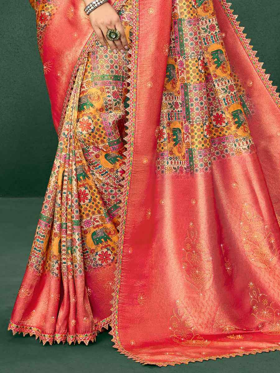 Peach Silk Embroidered Reception Party Heavy Border Saree