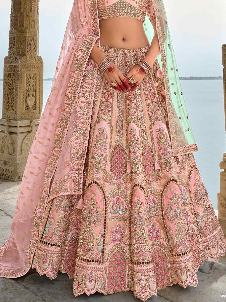 Peach Silk Embroidered Wedding Bridal Heavy Border Lehenga Choli