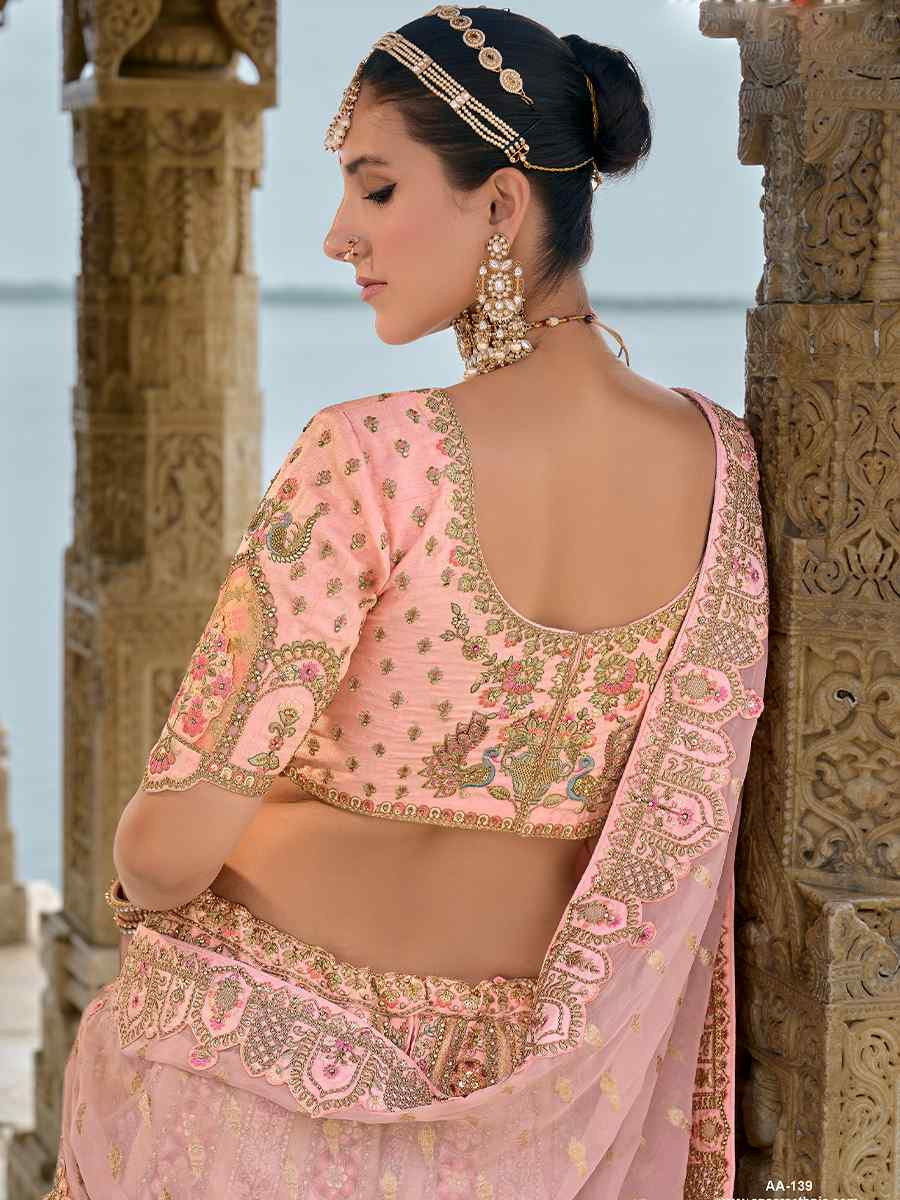 Peach Silk Embroidered Wedding Bridal Heavy Border Lehenga Choli