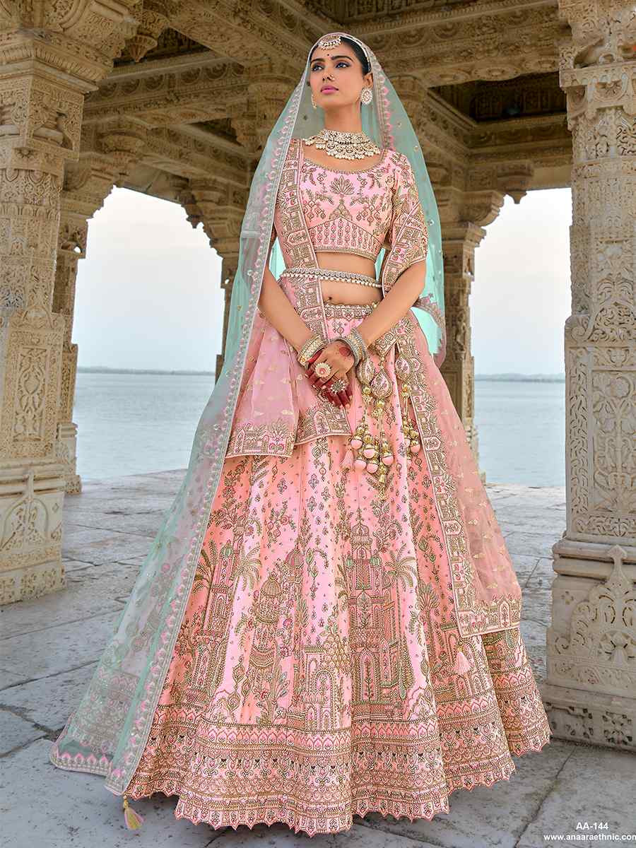 Peach Silk Embroidered Wedding Bridal Heavy Border Lehenga Choli