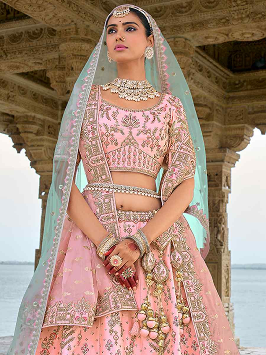 Peach Silk Embroidered Wedding Bridal Heavy Border Lehenga Choli