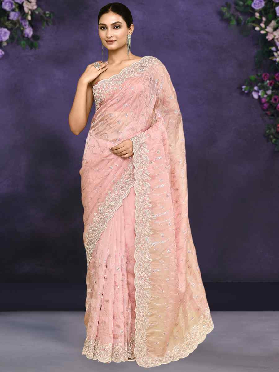 Peach Silk Embroidery Festival Party Classic Style Saree