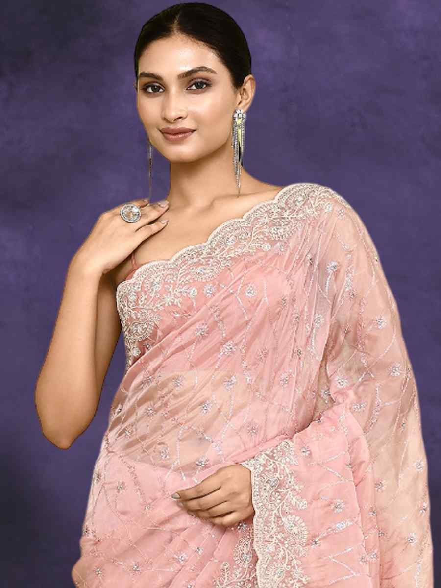 Peach Silk Embroidery Festival Party Classic Style Saree