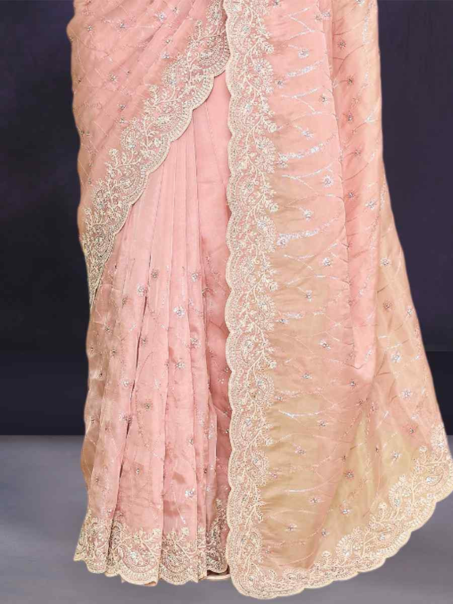 Peach Silk Embroidery Festival Party Classic Style Saree