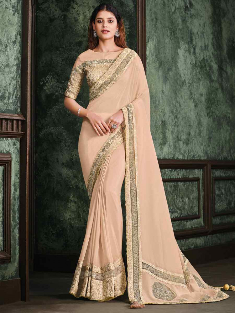 Peach Silk Georgette Embroidered Reception Wedding Heavy Border Saree