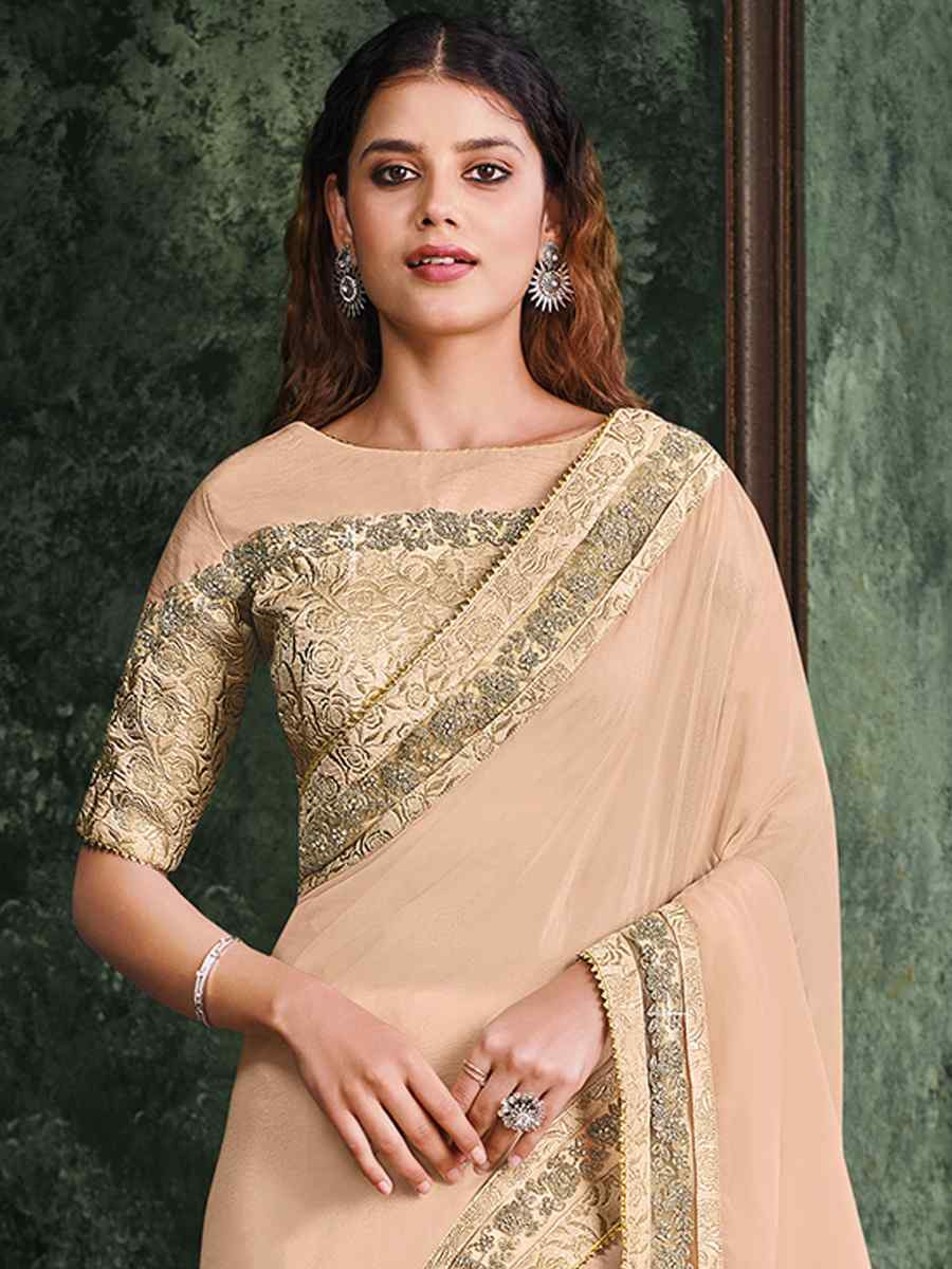 Peach Silk Georgette Embroidered Reception Wedding Heavy Border Saree