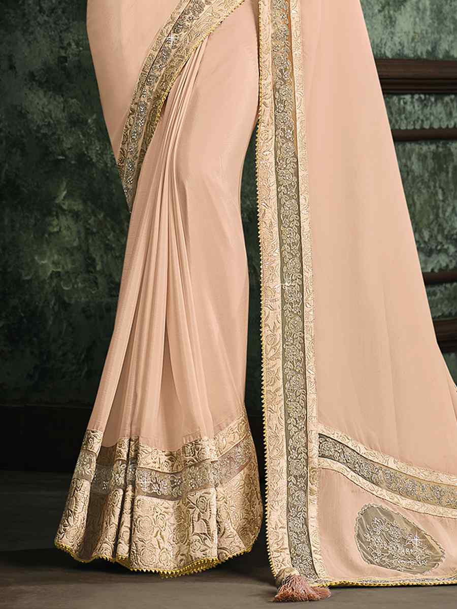 Peach Silk Georgette Embroidered Reception Wedding Heavy Border Saree