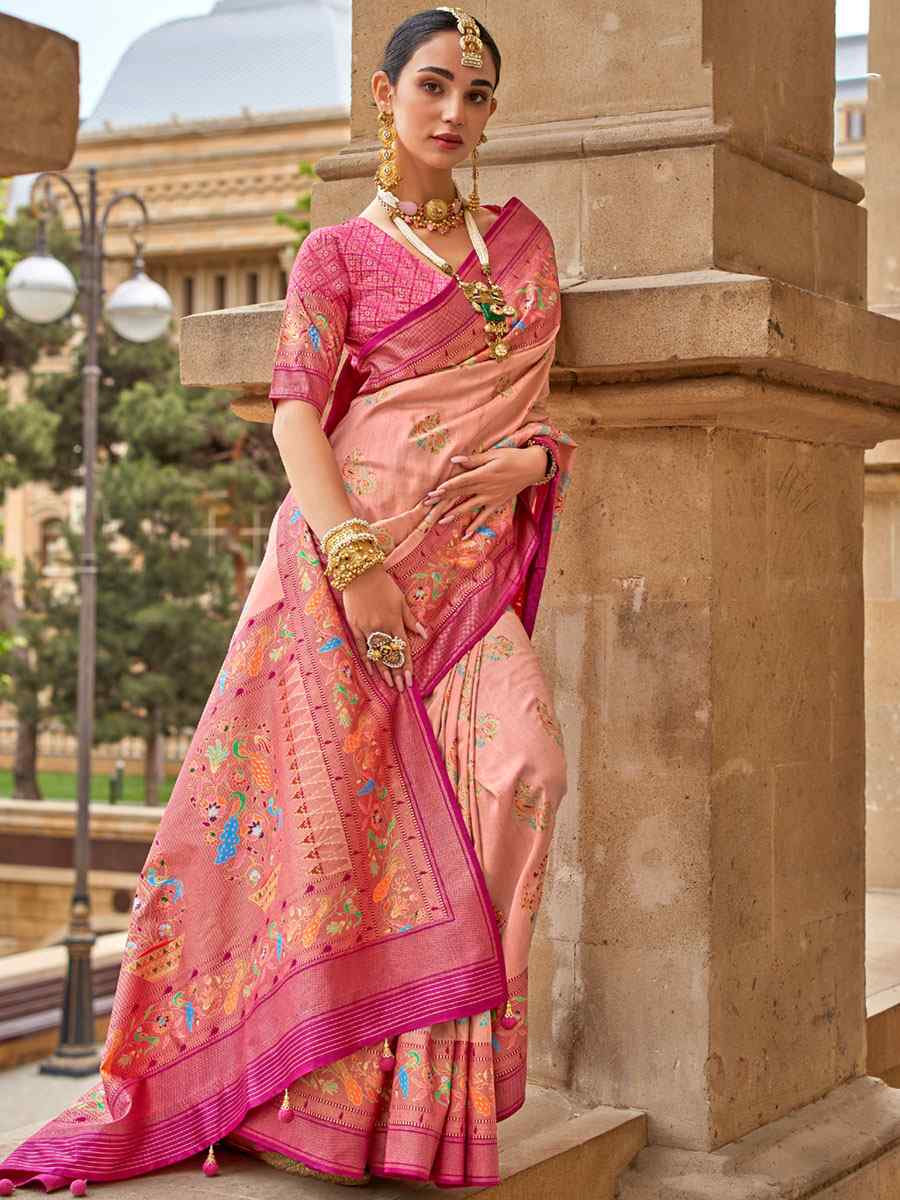 Peach Silk Handwoven Casual Festival Classic Style Saree