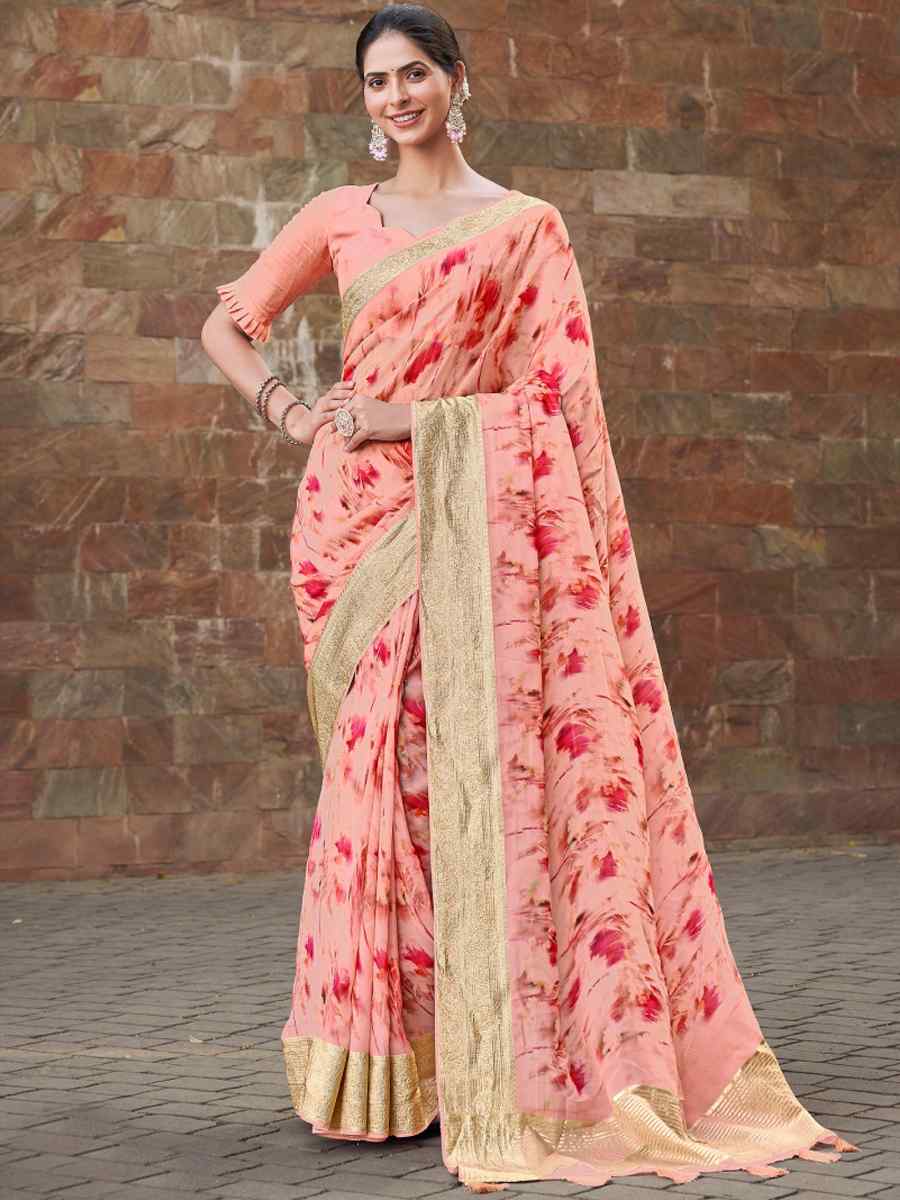 Peach Silk Handwoven Festival Wedding Heavy Border Saree