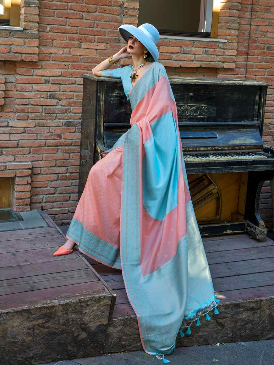 Peach Silk Handwoven Festival Wedding Heavy Border Saree