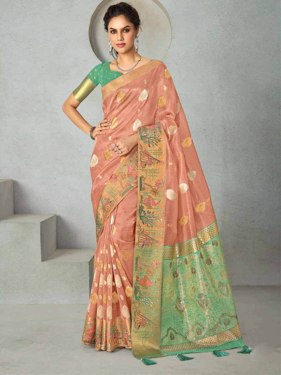 Peach Silk Handwoven Festival Wedding Heavy Border Saree