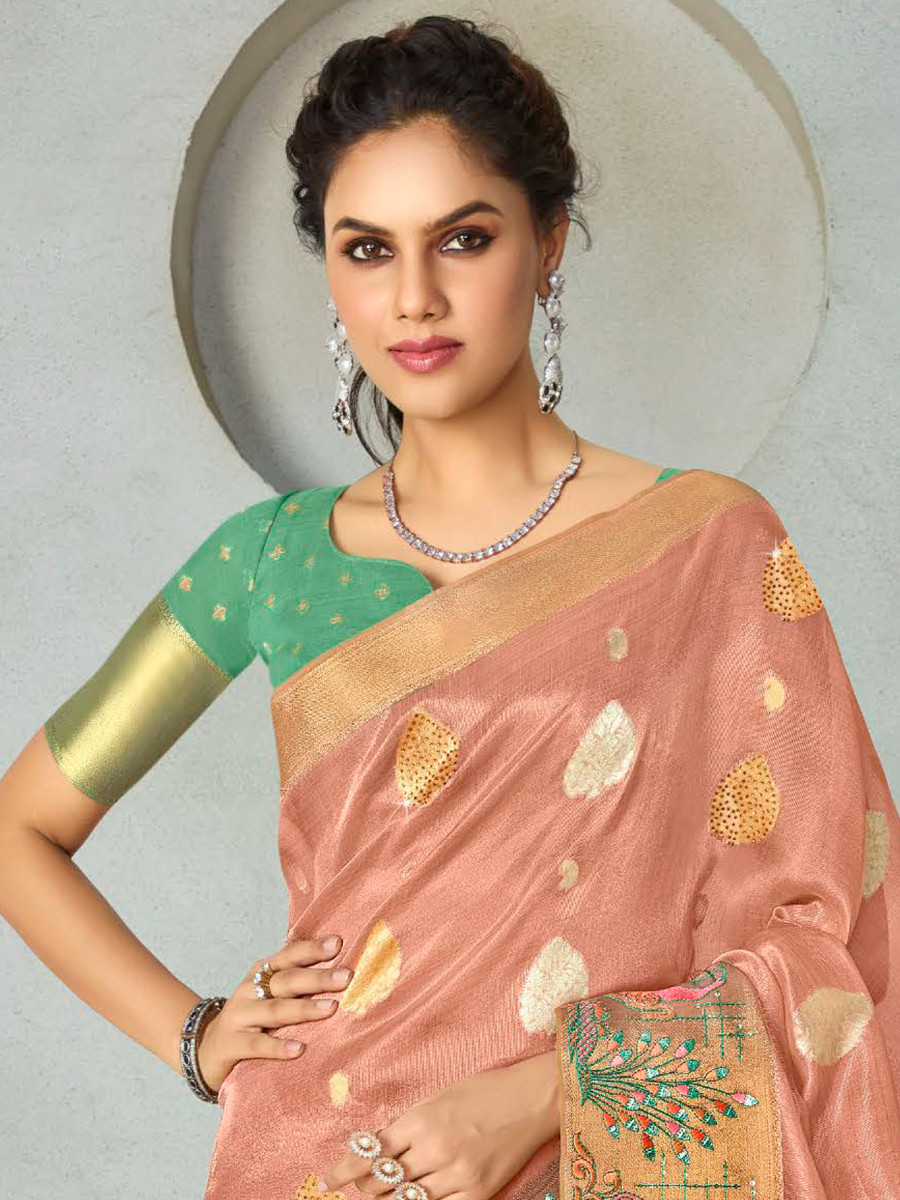 Peach Silk Handwoven Festival Wedding Heavy Border Saree