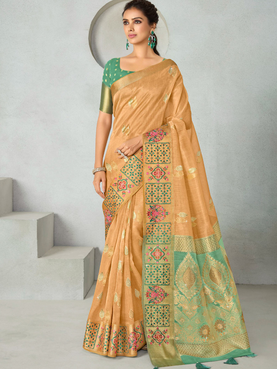 Peach Silk Handwoven Festival Wedding Heavy Border Saree