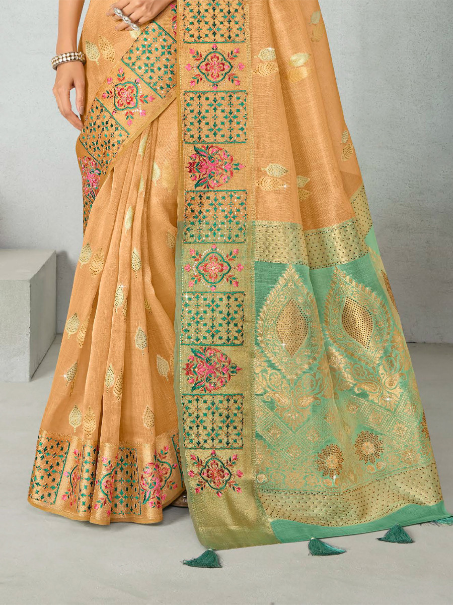 Peach Silk Handwoven Festival Wedding Heavy Border Saree