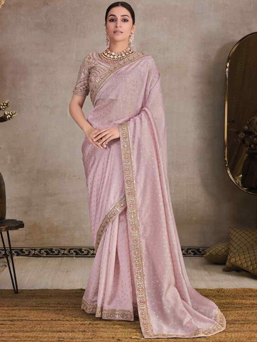 Peach Silk Organza Embroidered Party Reception Heavy Border Saree