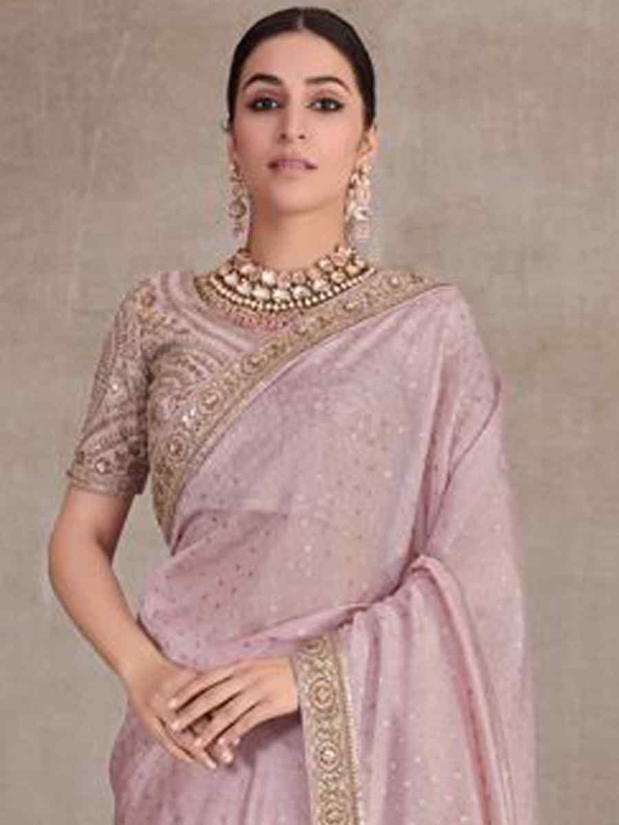 Peach Silk Organza Embroidered Party Reception Heavy Border Saree