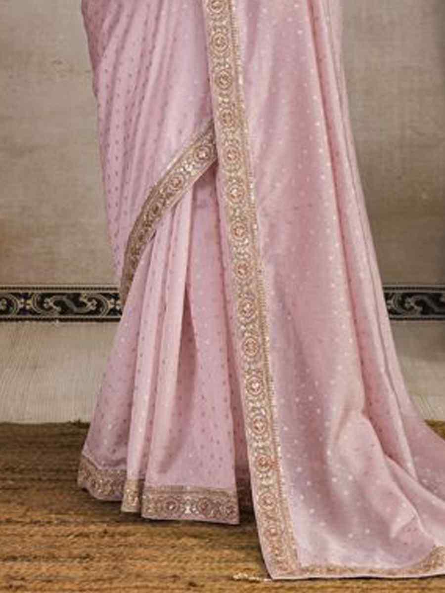 Peach Silk Organza Embroidered Party Reception Heavy Border Saree