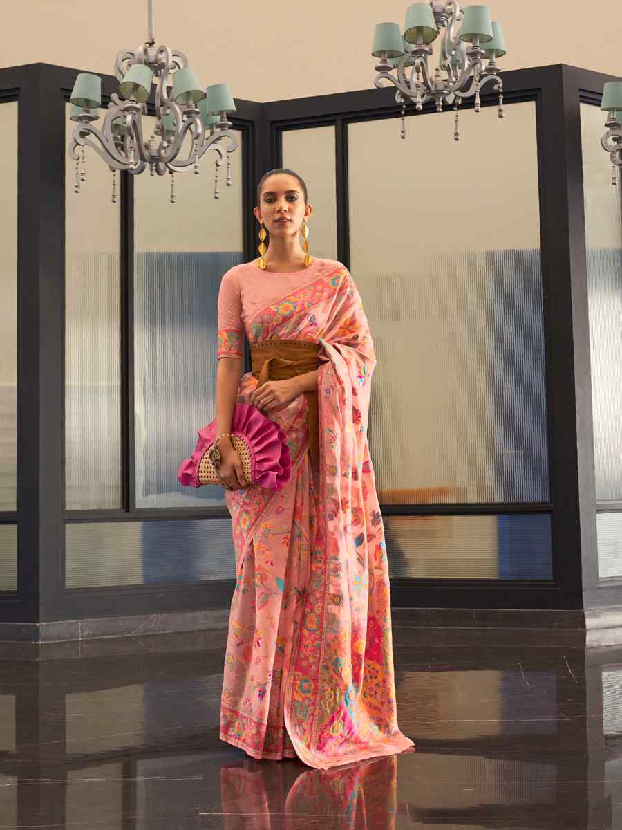 Peach Silk Printed Party Festival Contemporary Saree