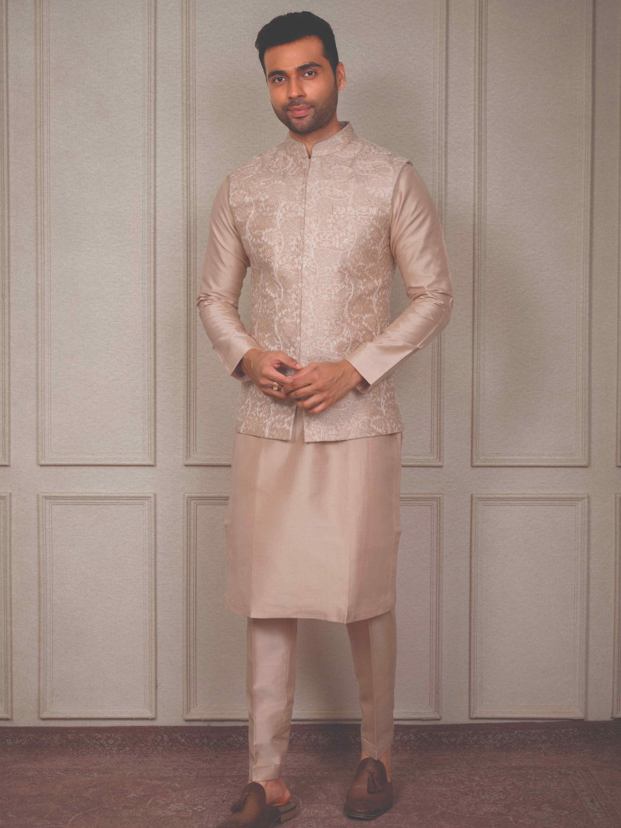 Peach Silk Woven Groom Wedding Kurta