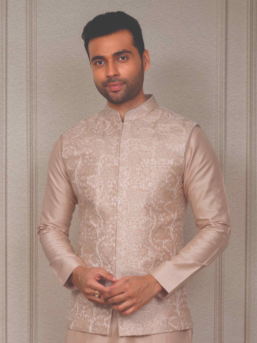 Peach Silk Woven Groom Wedding Kurta