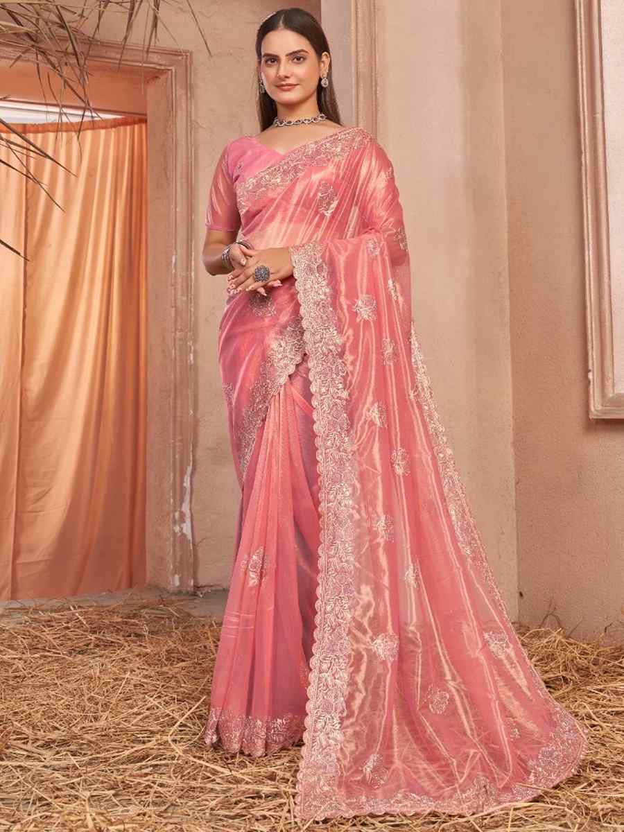 Peach Simmer Silver Net Embroidered Party Reception Heavy Border Saree