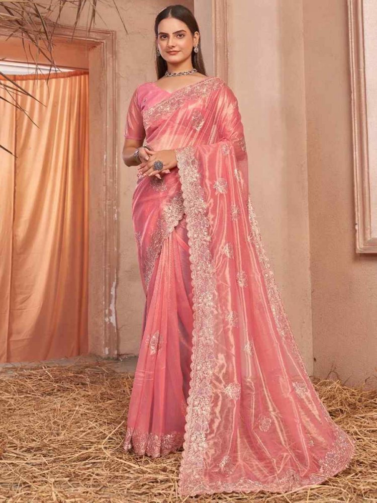 Peach Simmer Silver Net Embroidered Party Reception Heavy Border Saree