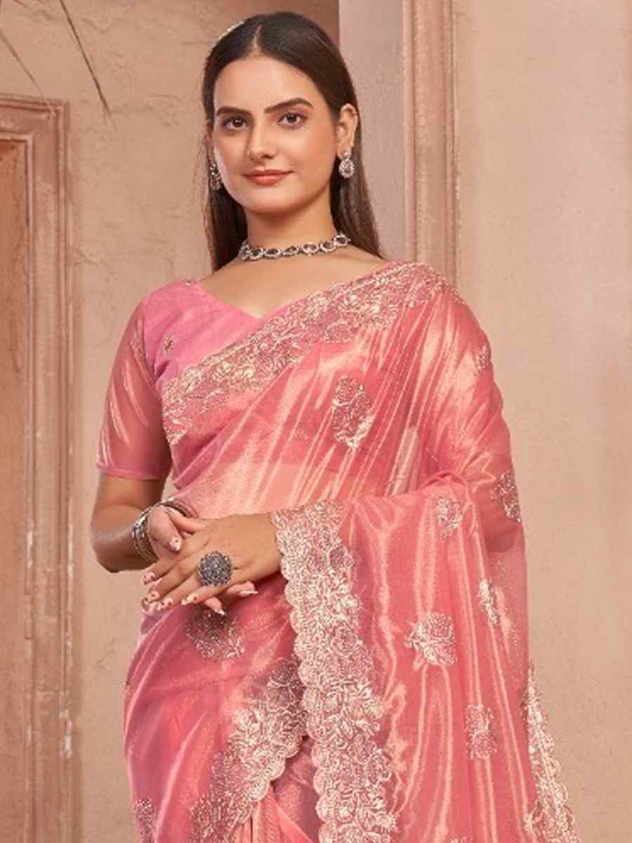 Peach Simmer Silver Net Embroidered Party Reception Heavy Border Saree