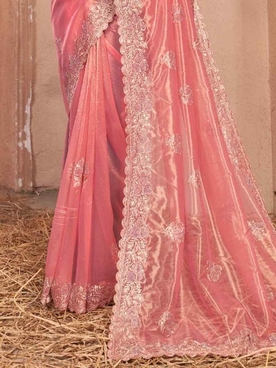 Peach Simmer Silver Net Embroidered Party Reception Heavy Border Saree