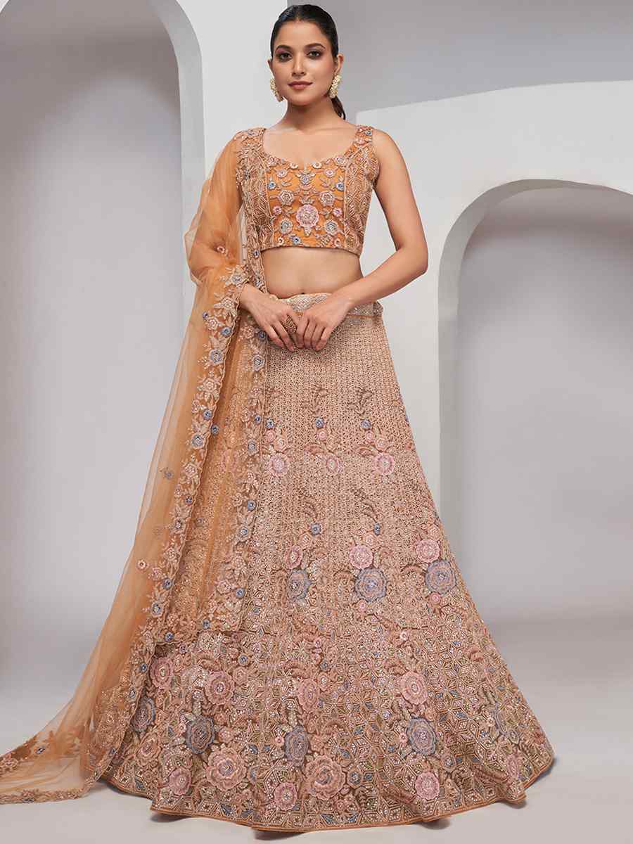 Peach Soft Net Embroidery Bridesmaid Wedding Heavy Border Lehenga Choli