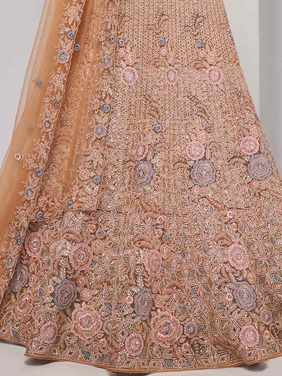 Peach Soft Net Embroidery Bridesmaid Wedding Heavy Border Lehenga Choli