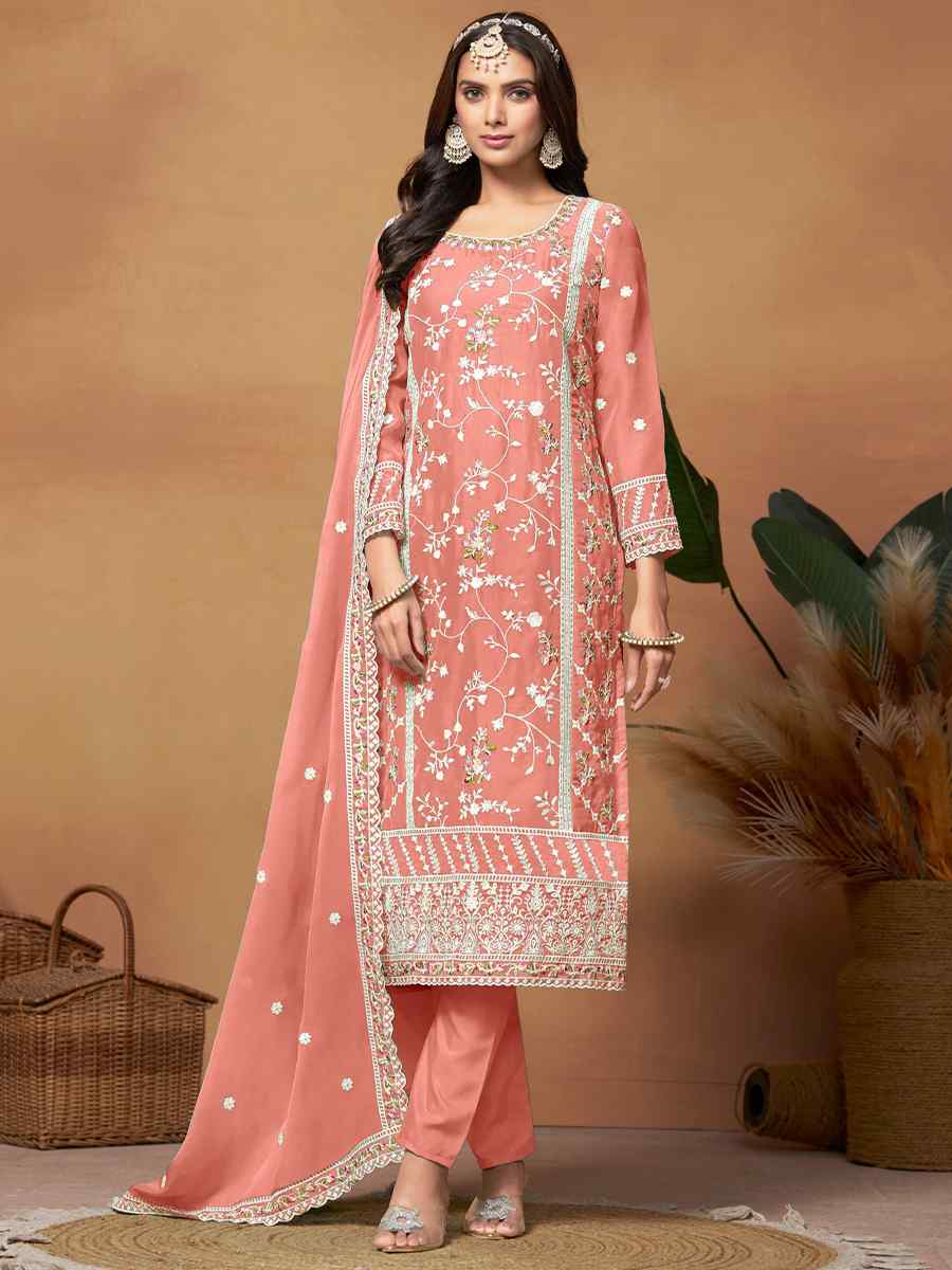 Peach Soft Organza Embroidered Festival Mehendi Pant Salwar Kameez