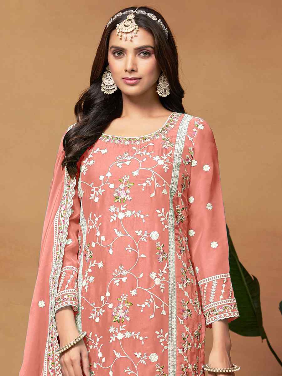 Peach Soft Organza Embroidered Festival Mehendi Pant Salwar Kameez