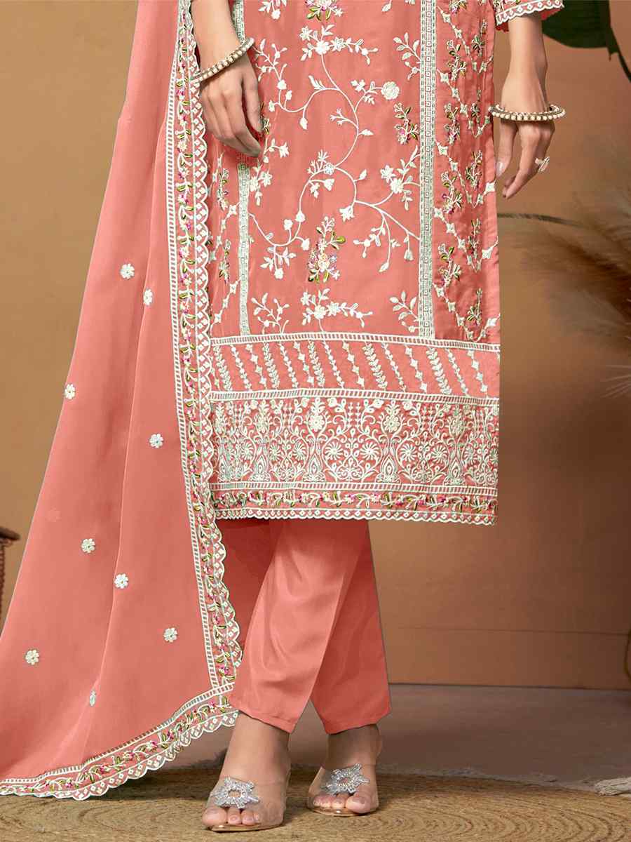 Peach Soft Organza Embroidered Festival Mehendi Pant Salwar Kameez