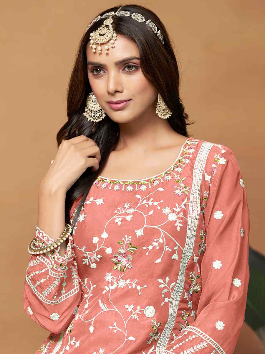 Peach Soft Organza Embroidered Festival Mehendi Pant Salwar Kameez