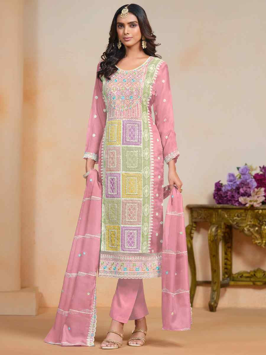 Peach Soft Organza Embroidered Festival Wedding Pant Salwar Kameez