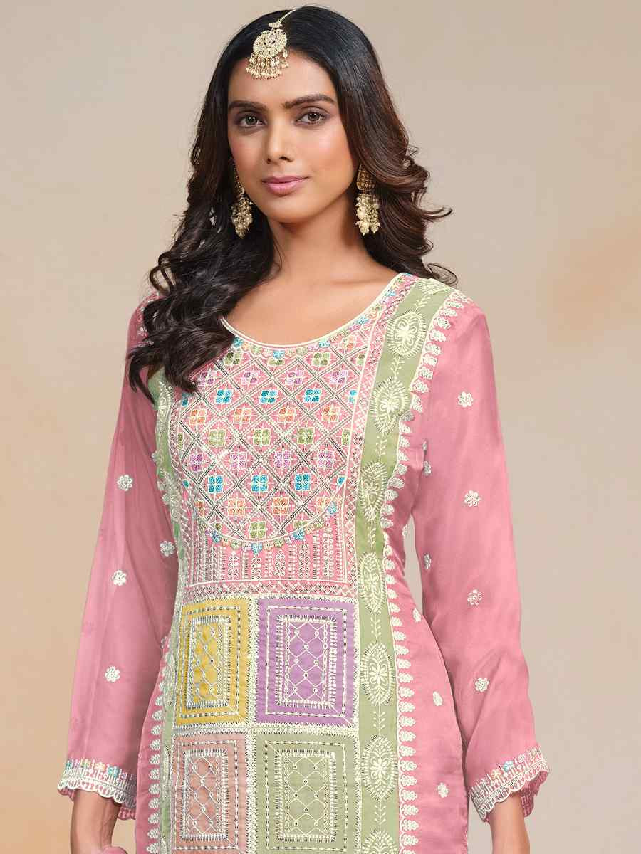 Peach Soft Organza Embroidered Festival Wedding Pant Salwar Kameez