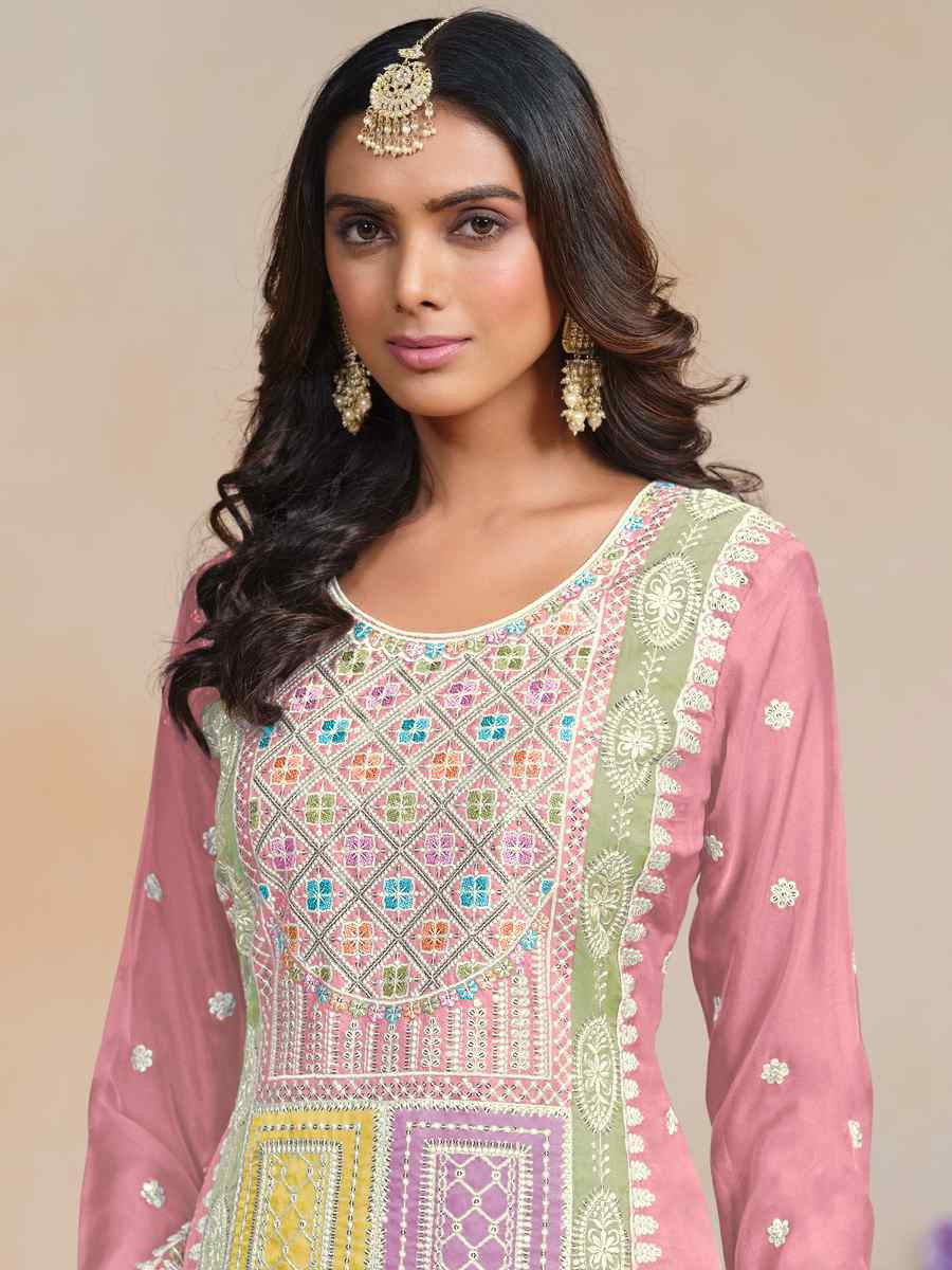 Peach Soft Organza Embroidered Festival Wedding Pant Salwar Kameez