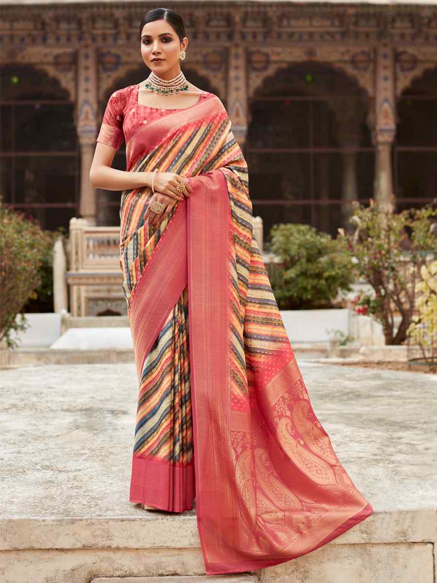 Peach Soft Tissue Silk Handwoven Festival Wedding Heavy Border Saree